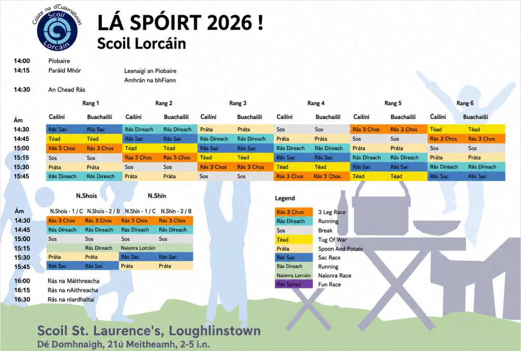 Lá Spóirt 2026 timetable - races for each year group